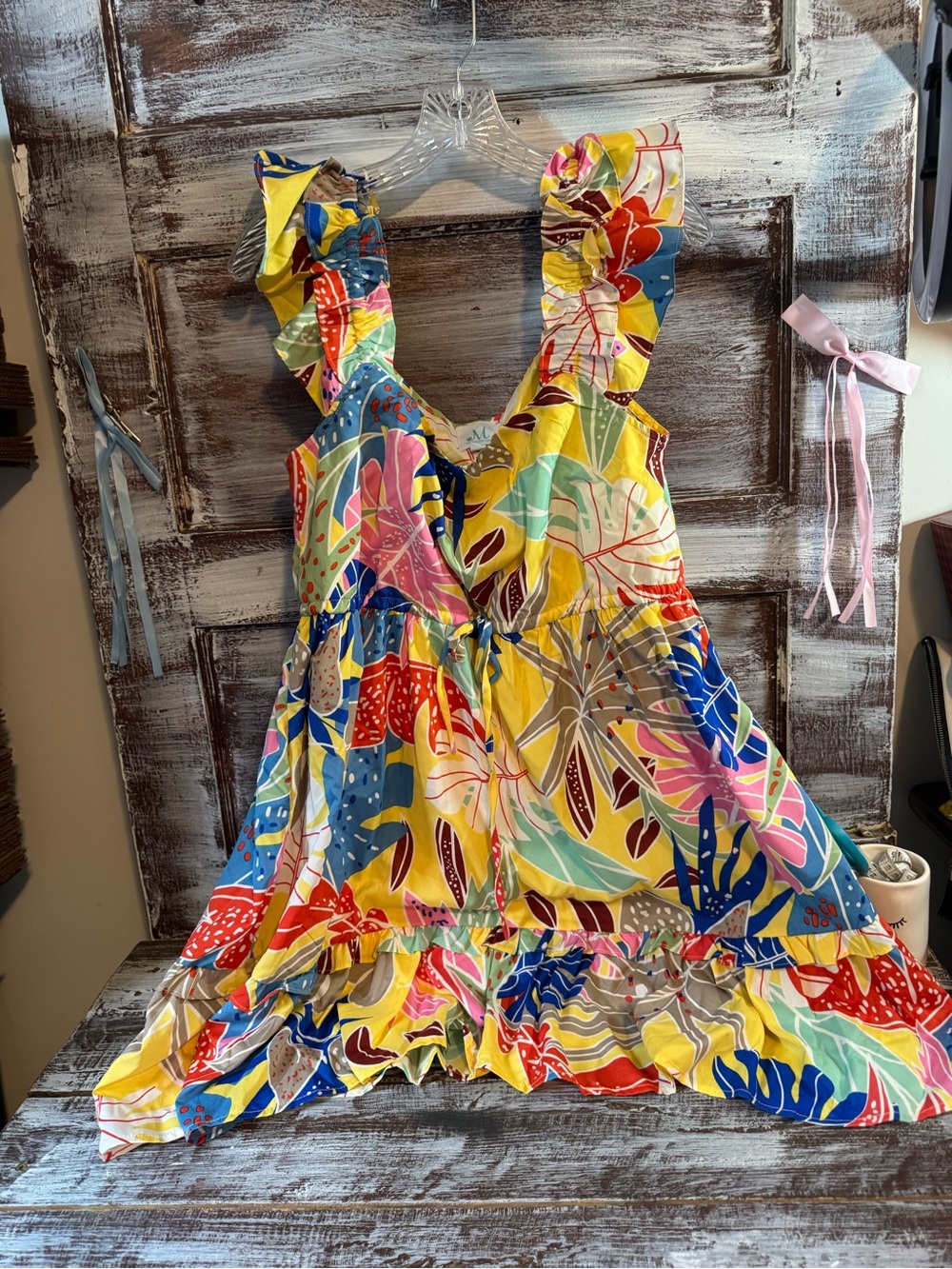 Ruffled Tropical-Print Casual Sundress in Yellow Multi